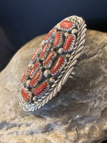 Navajo Red Coral Cluster Ring | Authentic Native American Sterling Silver | Multi-Stone | Sz 6.5 | 02220