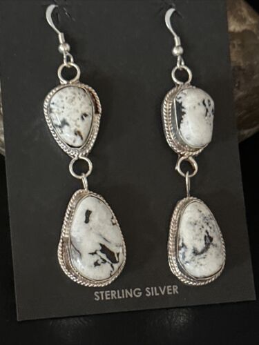 Navajo White Buffalo Turquoise Dangle Earrings | Sterling Silver | 2" | Authentic Native American Handmade | 14714