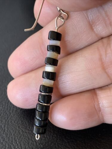 Navajo Black Onyx White Mother of Pearl Earrings | Sterling Silver | 1.5" | Authentic Native American Handmade | 13056