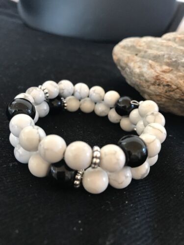 Navajo White Howlite Turquoise Onyx Bead Bracelet | Sterling Silver | Authentic Native American Handmade