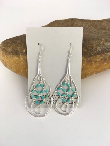 Native American Blue Turquoise Heishi Dangle Earrings | Sterling Silver | 2" | 8878