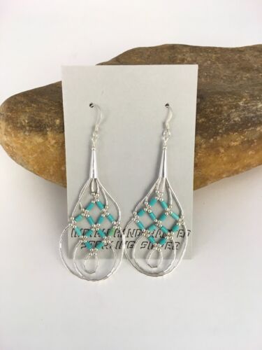 Native Blue Turquoise Heishi Liquid Sterling Silver Dangle Earrings 2” 8878