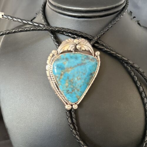 Navajo Blue Kingman Turquoise Bolo Tie | Sterling Silver | Authentic Native American Handmade | 14254