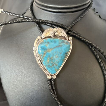 Navajo Blue Kingman Turquoise Bolo Tie | Sterling Silver | Authentic Native American Handmade | 14254