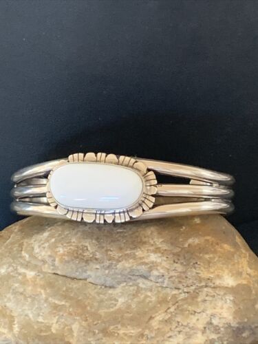 Navajo White Buffalo Turquoise Cuff Bracelet | Sterling Silver | Authentic Native American Handmade | 1423