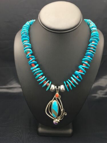 Navajo Kingman Turquoise & Spiny Oyster Multi-Stone Pendant Necklace | Authentic Native American Sterling Silver | 2637