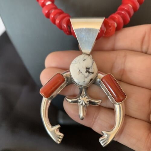 Navajo White Buffalo Turquoise Coral Naja Pendant | Sterling Silver | Authentic Native American Handmade | 10253