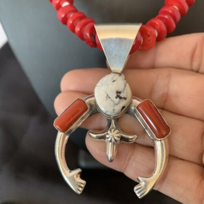 Navajo White Buffalo Turquoise Coral Naja Pendant | Sterling Silver | Authentic Native American Handmade | 10253