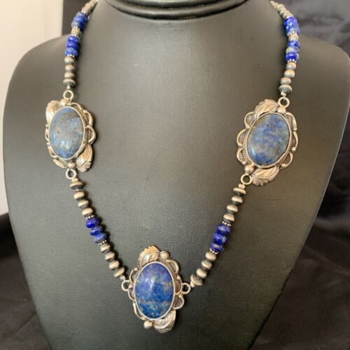 Navajo Pearls Necklace with 3 Stone Blue Denim Lapis Pendant | Sterling Silver | Native American Handmade | 10821