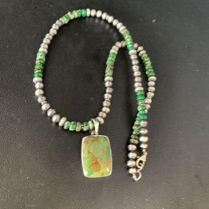 Navajo Pearls Green Mojave Turquoise Pendant Necklace | Sterling Silver | Native American Handmade | 13462