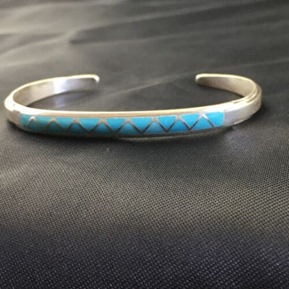 Native American Zuni Blue Faux Opal Inlay Cuff Bracelet | Sterling Silver | 10189