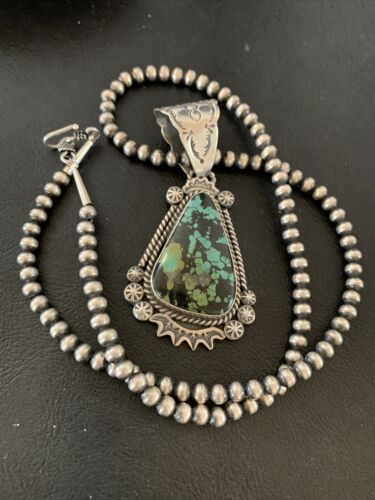 Men's Navajo Green Spiderweb Turquoise Pendant | Sterling Silver Necklace | Authentic Native American Handmade | 01978