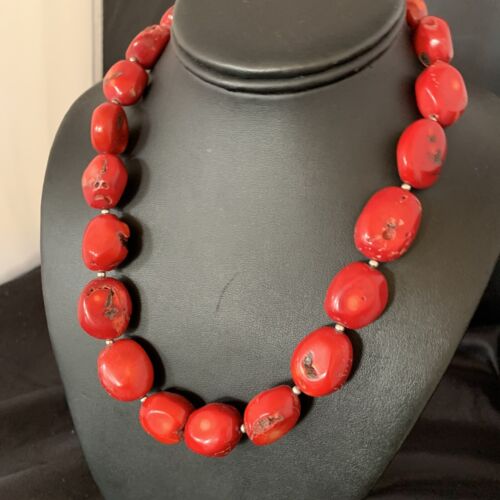 Navajo Red Coral Bead Necklace | Sterling Silver | 20" | Authentic Native American Handmade | 13409