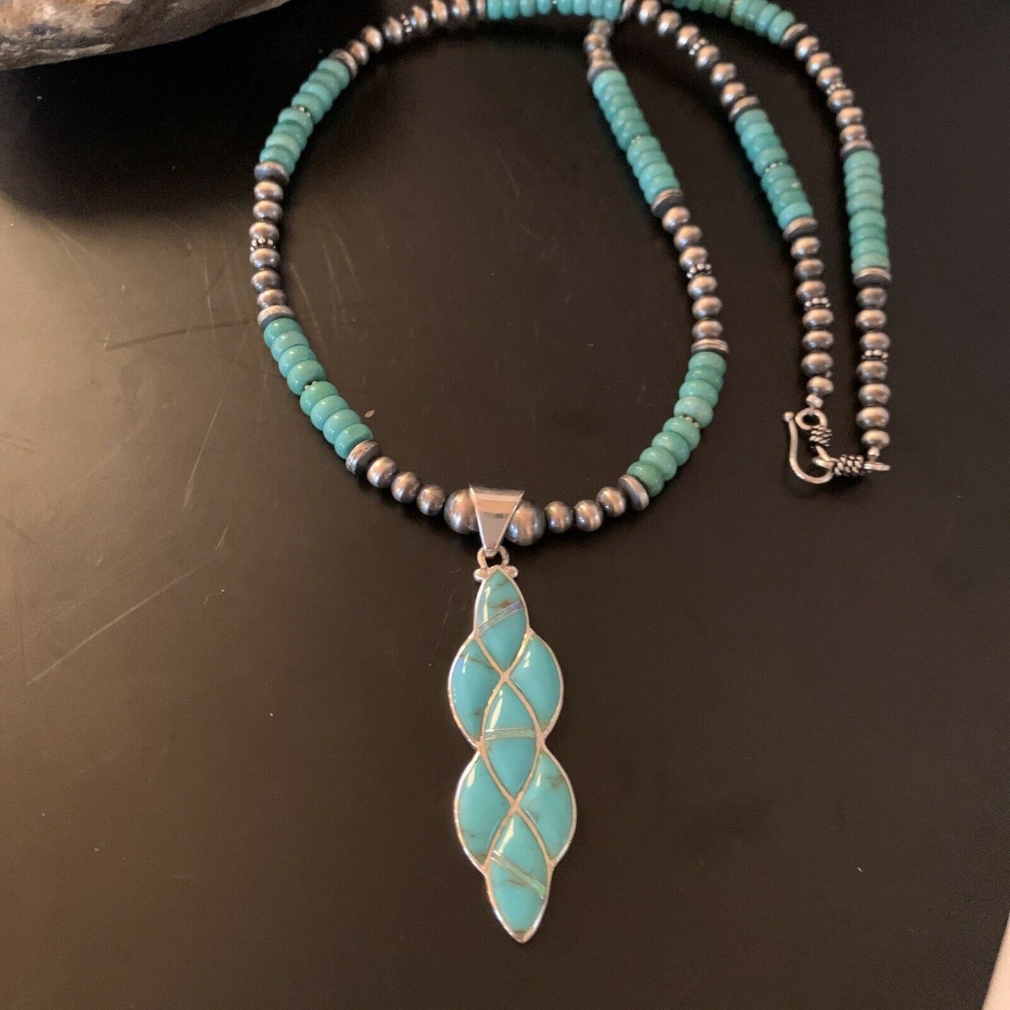 Authentic Native American Navajo Sterling Silver Pendant | Blue Turquoise & Opal Inlay Necklace | 11476