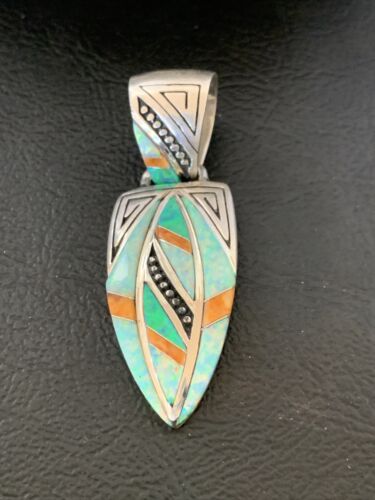 Navajo Spiny White Green Opal Inlay Pendant | Sterling Silver | Authentic Native American Handmade | 12482