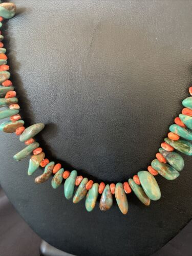 Navajo Green Turquoise and | Red Spiny Oyster Necklace | Sterling Silver | Authentic Native American Handmade | 21" | 13222