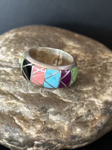 Multi-Color Blue Turquoise Gaspeite Inlay Ring | Sterling Silver | Sz 10 | Native American Handmade | 14502