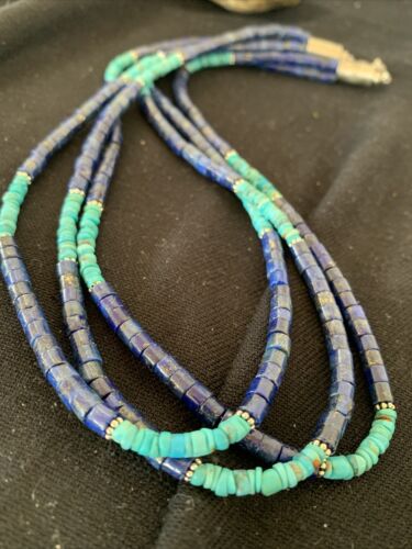 Navajo Lapis & Turquoise 3 Strand Necklace | Sterling Silver | 21" | Authentic Native American Handmade | 01011