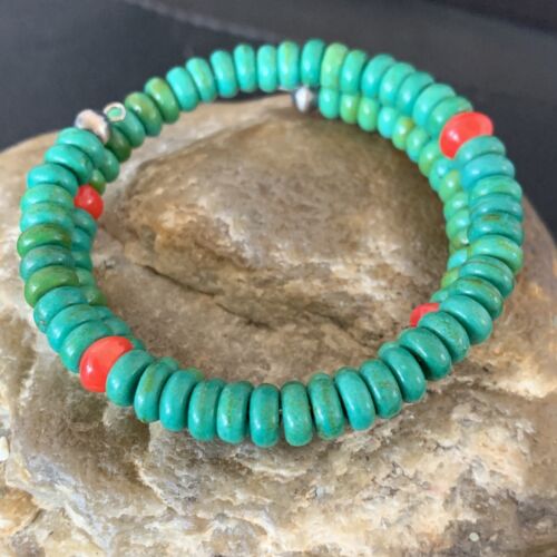 Navajo Coral Green Turquoise Bracelet | Stainless Steel Memory Wire | Authentic Native American Handmade | 13313