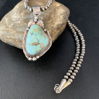 Men's Navajo Sonoran Gold Turquoise Pendant Necklace | Sterling Silver | Authentic Native American Handmade | 13657