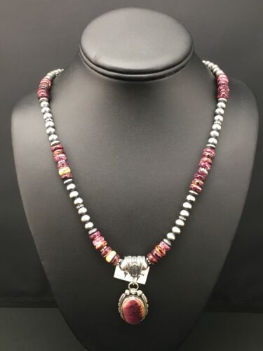 Navajo Purple Spiny Oyster Bead Necklace | Sterling Silver | Authentic Native American Handmade | 4583