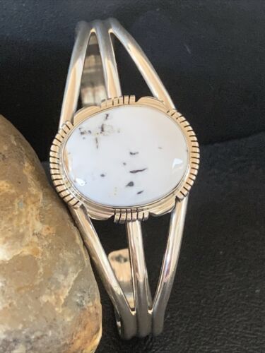 Navajo White Buffalo Turquoise Cuff Bracelet | Sterling Silver | Authentic Native American Handmade | 1388