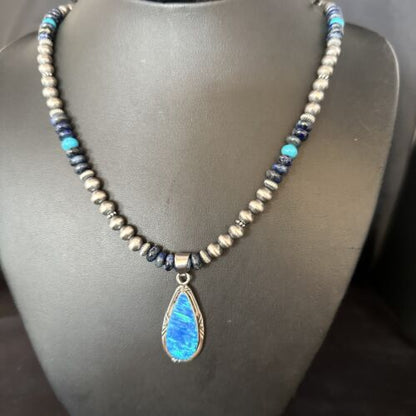 Blue Turquoise Lapis Necklace with Opal Pendant | Navajo Sterling Silver | Authentic Native American Handmade | 14367