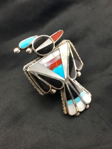 Zuni Coral, Turquoise & Onyx Inlay Bird Ring | Sterling Silver | Sz 3.5 | Authentic Native American Handmade | 2630 - Masha USA