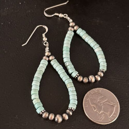 Navajo Blue Turquoise Heishi Dangle Earrings | Sterling Silver | 2" | Authentic Native American Handmade | 14363