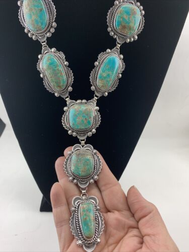 Navajo Sterling Silver Lariat Necklace with Royston Turquoise Squash Pendant | 01546