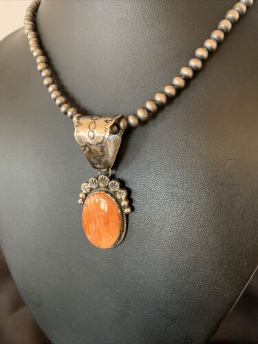 Navajo Orange Spiny Oyster Pendant Necklace | Sterling Silver | Authentic Native American Handmade | 13083
