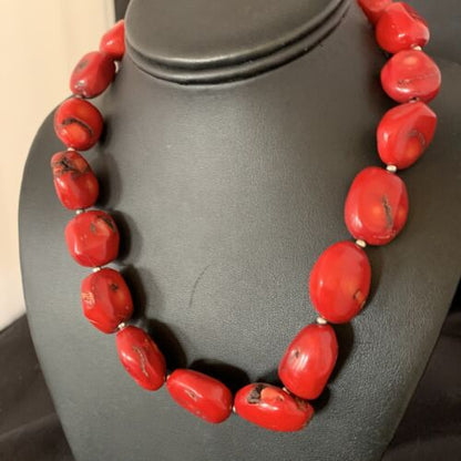 Native American Navajo Red Coral Bead Necklace | Sterling Silver | 18" | 13407