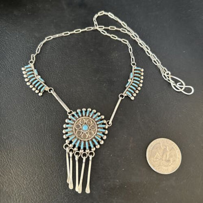 Zuni Kingman Turquoise Needle Point Necklace Pendant Set | Sterling Silver | Authentic Native American Handmade | 14535