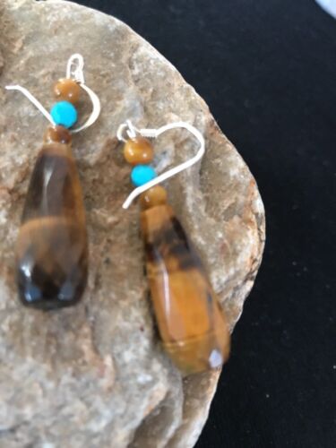 Navajo Sterling Silver Faceted Tiger's Eye Turquoise Dangle Earrings | Authentic Native American Handmade | 1995