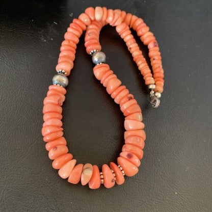 Native American Navajo Pink Coral Bead Necklace | Sterling Silver | 18" | 13231 - Masha USA