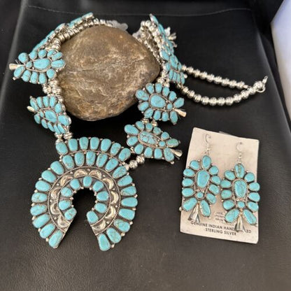 Navajo Blue Turquoise Squash Blossom Necklace & Earrings | Sterling Silver | Authentic Native American Handmade | 14483