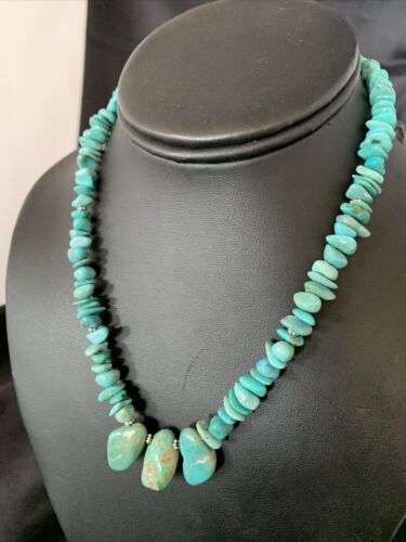 Navajo Blue Green Turquoise Necklace | Sterling Silver | 16" | Authentic Native American Handmade | 12913