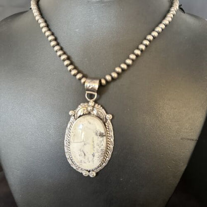 Navajo White Buffalo Turquoise Pendant Necklace | Sterling Silver | Authentic Native American Handmade | 14244