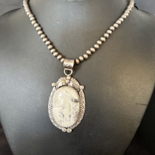 Navajo White Buffalo Turquoise Pendant Necklace | Sterling Silver | Authentic Native American Handmade | 14244