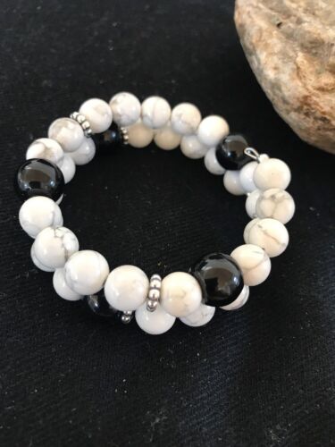 Navajo White Howlite Turquoise Onyx Bead Bracelet | Sterling Silver | Authentic Native American Handmade