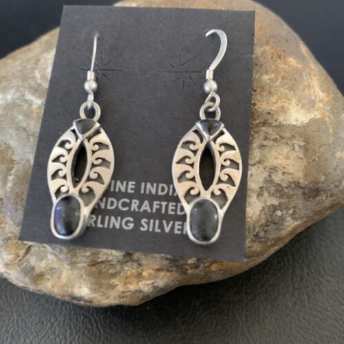 Navajo Black Onyx Dangle Earrings | Sterling Silver | Authentic Native American Handmade | 1" | 12651