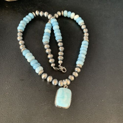Men's Navajo Sterling Silver Necklace | Blue Larimar Pendant 10mm | Natural | 14003