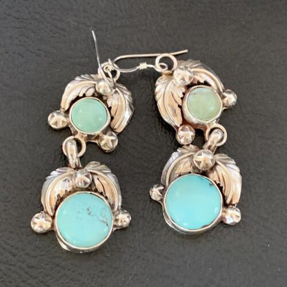 Navajo Blue Green Dry Creek Turquoise Dangle Earrings | Sterling Silver | Authentic Native American Handmade | 1485