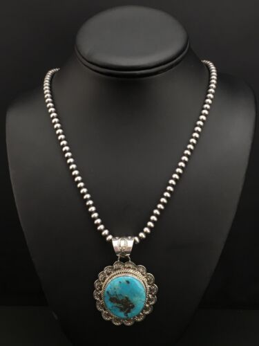 Men's Kingman Turquoise Pendant | Navajo Pearl Sterling Silver Necklace | Authentic Native American Handmade | 4876