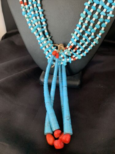 Southwestern Santo Domingo Blue Turquoise Coral Jacla Necklace | 5 Strand | 34" | Native American Handmade | 13180
