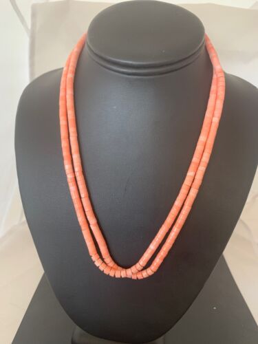 Navajo Pink Stabilized Coral Heishi Bead Necklace | 2 Strand | Sterling Silver | Authentic Native American Handmade | 4701