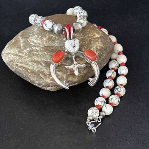 Navajo White Buffalo Turquoise Coral Naja Pendant Necklace | Sterling Silver | 22" | 14690
