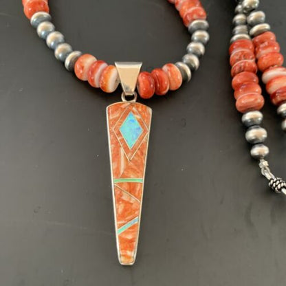 Navajo Pearls Sterling Silver Necklace | Opal Red Spiny Oyster Inlay Pendant | Authentic Native American Handmade | 11322
