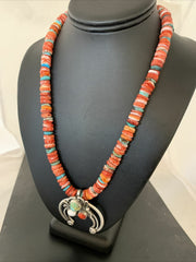 Navajo Pearls Sterling Silver Necklace | Red Spiny Oyster & Turquoise Naja Pendant | Authentic Native American Handmade