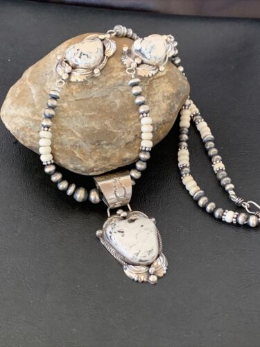 Navajo Pearls White Buffalo Turquoise Necklace Pendant | Sterling Silver | Authentic Native American Handmade | 10868
